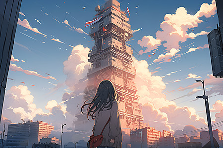 孤独巍峨高楼前的女子背景图片
