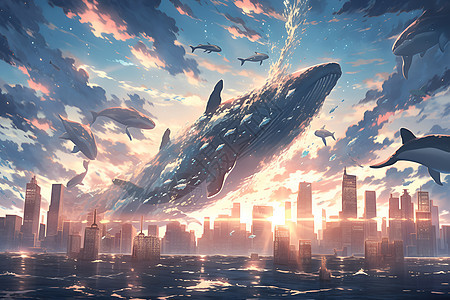 奇幻城市上空的鲸鱼图片