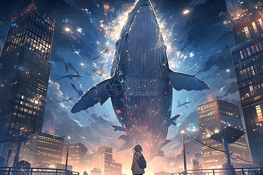 奇幻世界中城市上空的鲸鱼图片