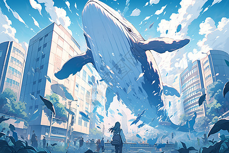 城市中翻腾的鲸鱼图片