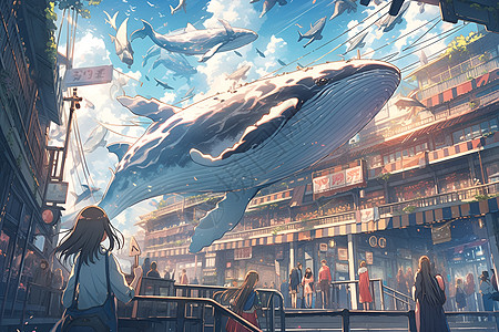 魔幻城市中飘浮巨鲸高清图片