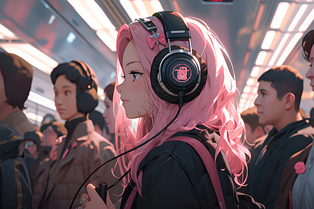 地铁上戴耳机的人图片