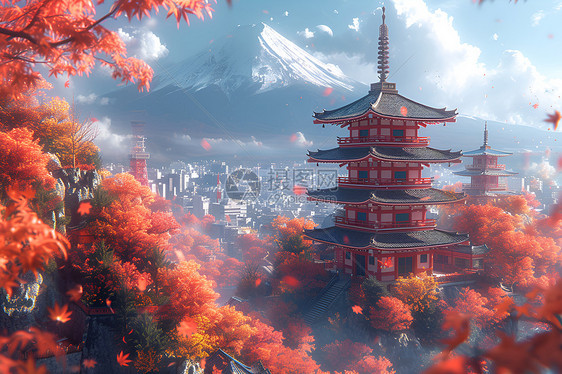 红叶环绕的宝塔与雪山图片