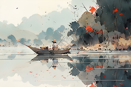 湖光山色的渔舟背景图片