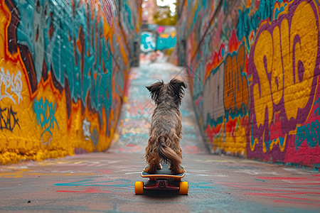 街头滑板狗仔与涂鸦艺术图片