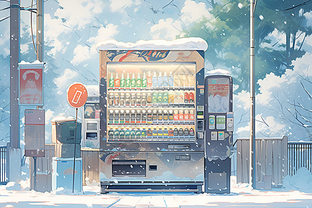 冰雪奇境中的彩色售货机图片