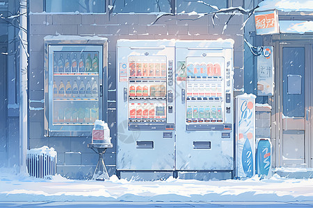 雪地中一个小巧而多彩的自动贩卖机图片