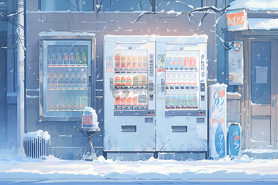 雪地中一个小巧而多彩的自动贩卖机图片
