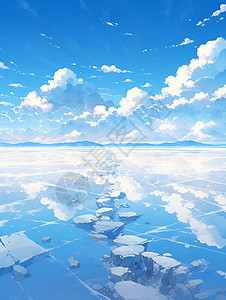 蔚蓝天空中映照着水面上的冰块图片