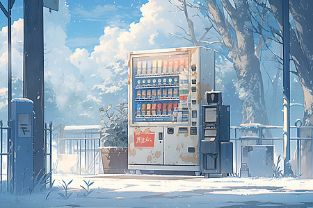 雪地中一台彩色迷你自动售货机图片
