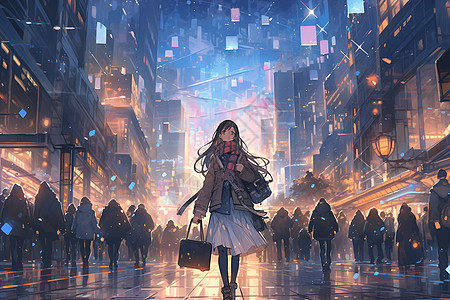 街道上行走的少女背景图片