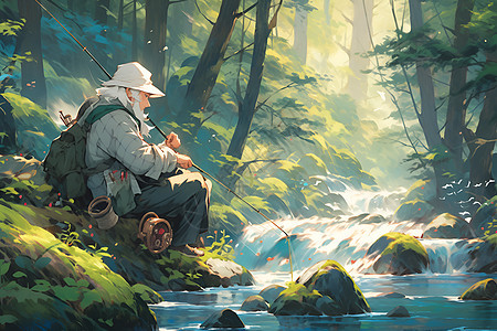 森林河流垂到的老者背景图片