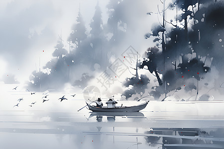 湖光山色烟雾缭绕中的船图片