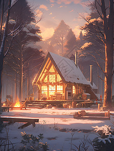 冬日森林小屋中的奇幻世界图片
