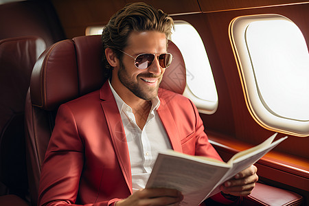 一个男士在飞机阅读图片