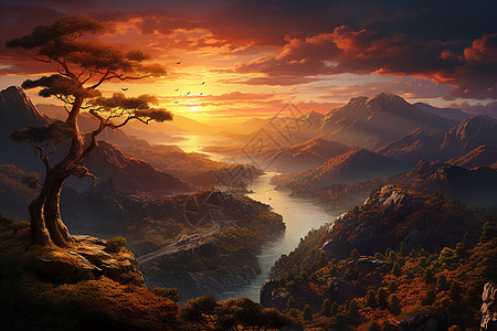 夕阳山峰美景图片