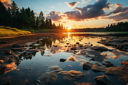 湖景岩石夕阳美景背景图片