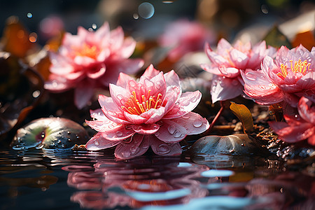 水中漂浮的一簇粉色花朵图片