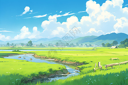 田野中的河流背景图片