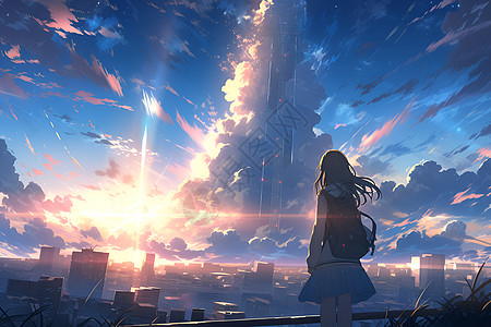 城市高楼上的女孩背景图片