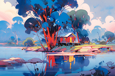 插画的湖畔房屋背景图片