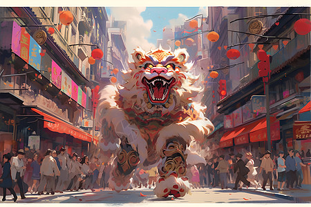 街道中的舞狮插画图片
