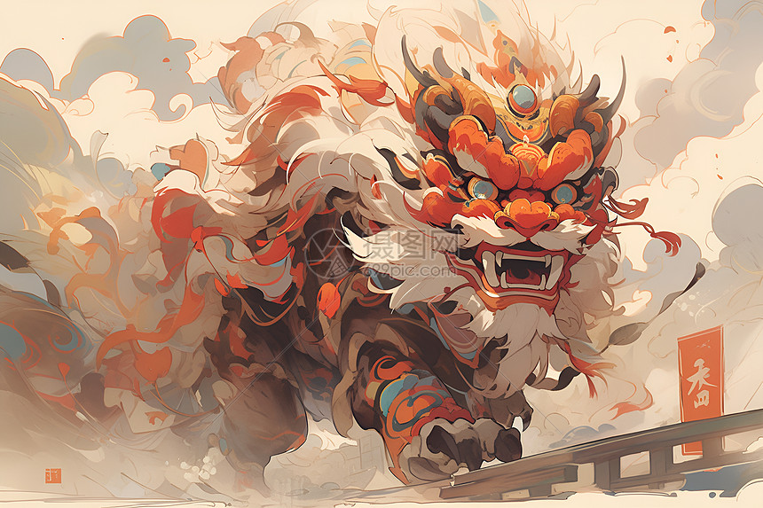 绘画的传统舞狮艺术画插画图片下载-正版图片601017152-摄图网