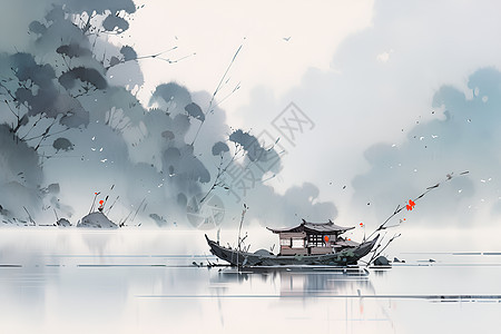 湖泊中的船舟绘画背景图片