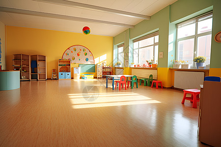 幼儿园桌椅宽敞干净的教室背景