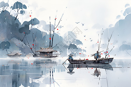湖上霭雾中的渔舟背景图片
