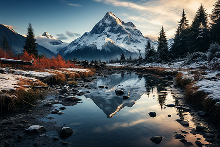 冬天树林河流上的冬日风景背景