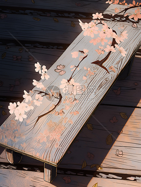 樱花影缀古旧木椅图片