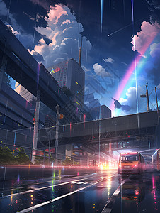 彩虹雨中的城市瞬间高清图片