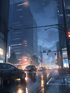 夏日雨中的繁忙城市图片