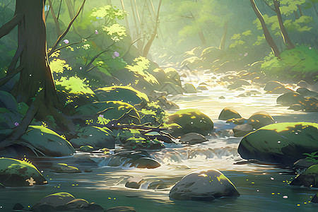 阳光洒在森林河流上图片