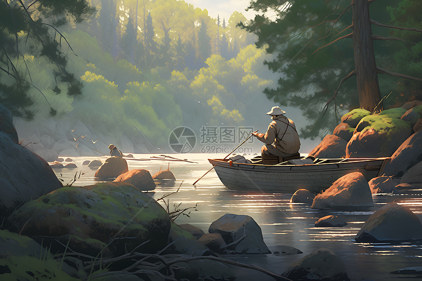 河畔渔夫在木船上垂钓图片