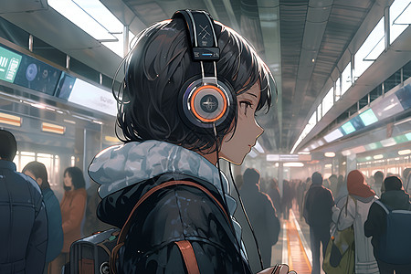戴着耳机的人站在火车站台图片