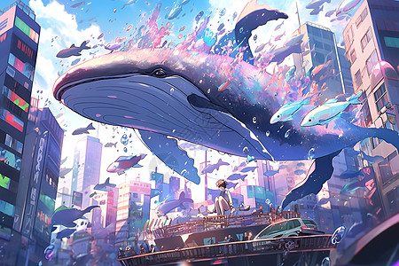 巨鲸穿破波涛绚丽的城市图片