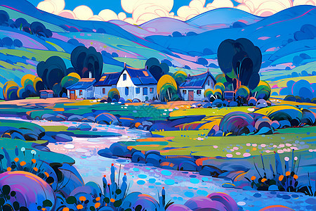 彩色河流与青山描绘图片