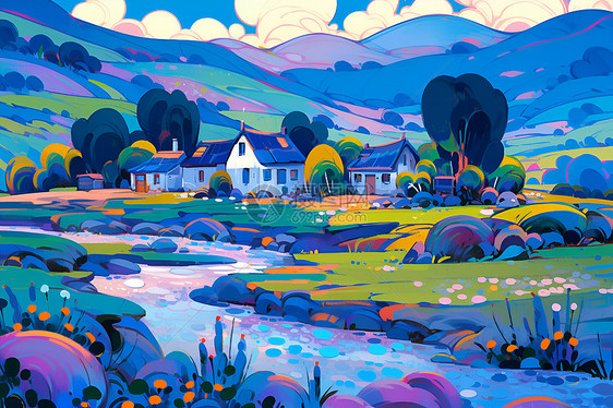 彩色河流与青山描绘图片