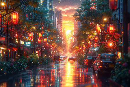 夜幕下的繁华街道图片