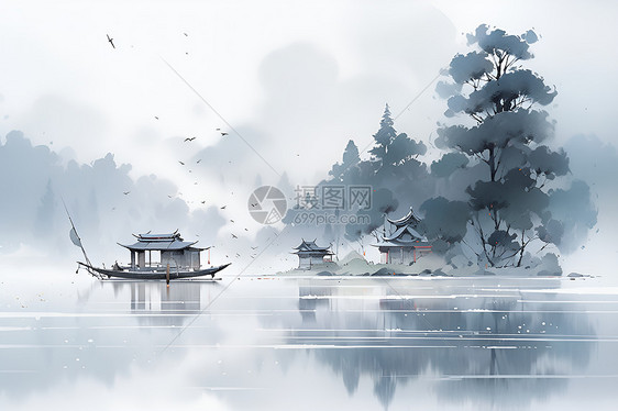 孤木小舟在宁静湖面上图片
