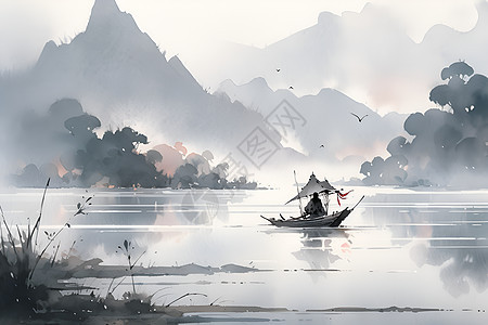 静谧湖畔孤舟映山水背景图片