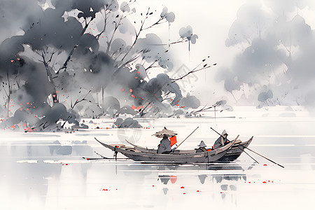 湖上烟雾缭绕的木船图片