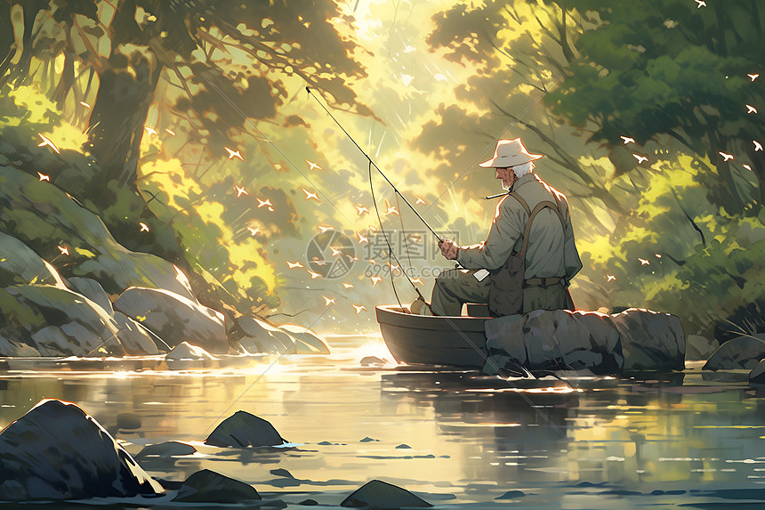 题老人钓鱼的宁静时光图片