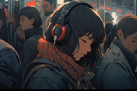 地铁上双眼享受音乐的人图片