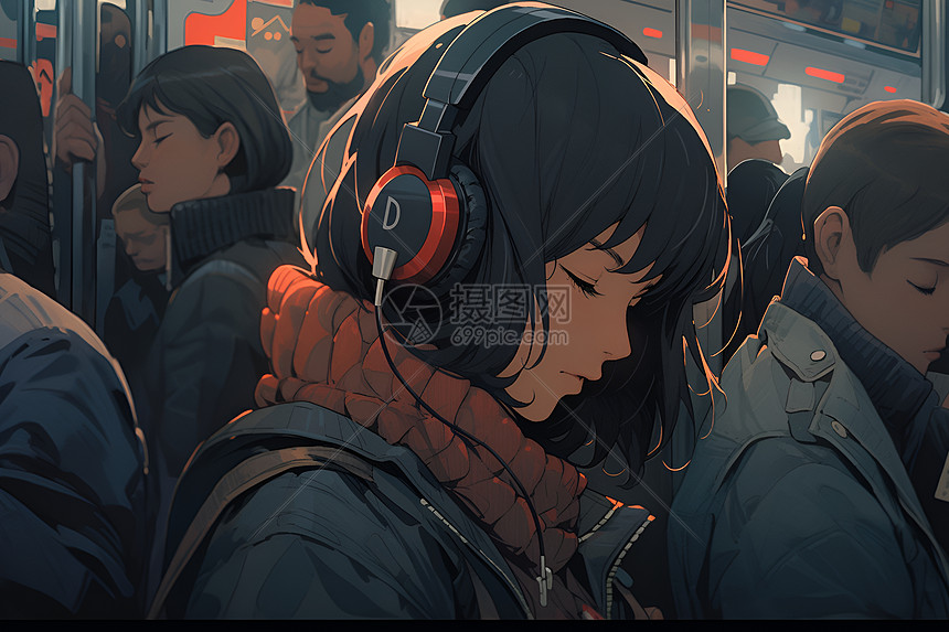 地铁上双眼享受音乐的人图片