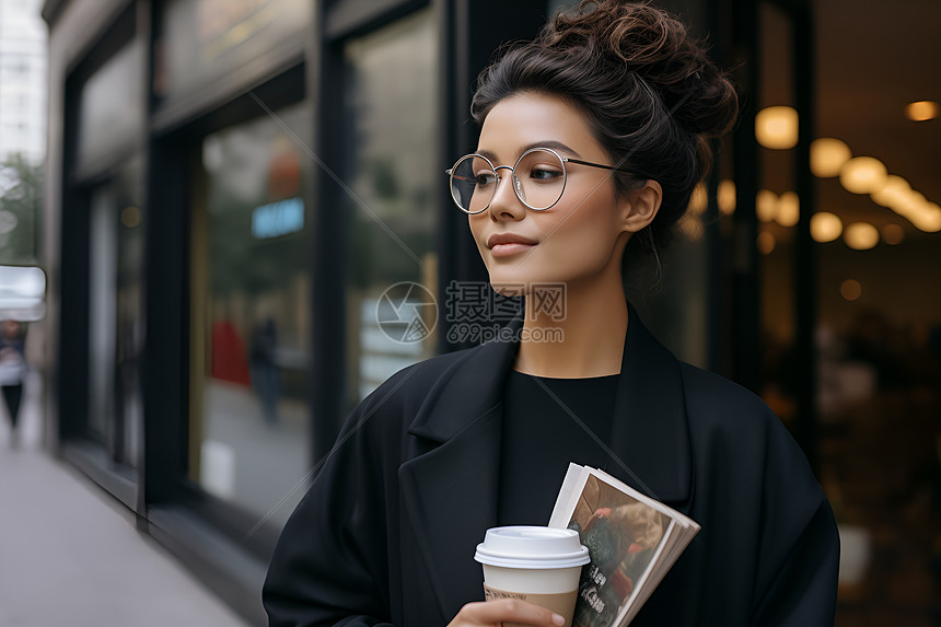 商店前驻足的女人图片