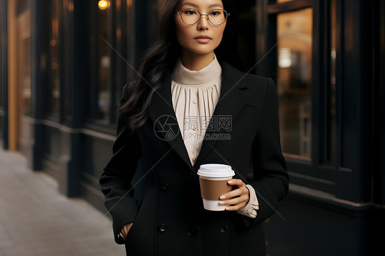 街道上手持咖啡的女人图片