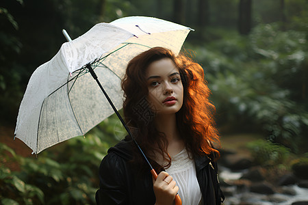 森林里撑伞的女人背景图片